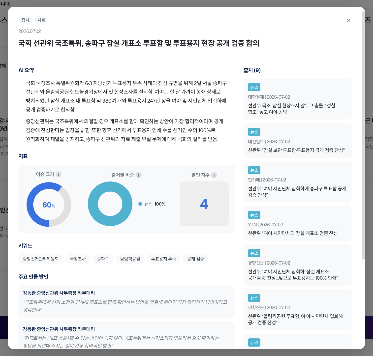 이슈 상세 화면 - 요약, 지표, 출처, 키워드, 발언